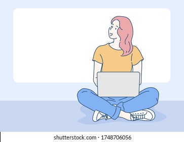 Happy cheerful woman working on laptop computer while sitting on the floor. Freelancer working at home. Hand drawn in thin line style, vector illustrations.