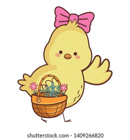Happy cheerful yellow chick wearing pink bow with wicker basket full of flowers drawing vector illustration graphic design