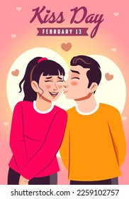 Happy, cheerful young couple in love celebrating kiss Day. Concept of human emotions, facial expression, love, relations, romantic holidays. Post design for valentine's day used in blogging, website.