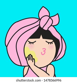 Happy Cheerful Young Girl Applying Moisturizing Cream On Her Face. Concept Of Beauty Self Care Card Character illustration