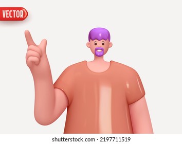 Happy Cheerful Young Man With Beard Hold Open Palm Arm And Points Finger Up. Young Handsome Boy Wearing Casual Showing Open Hand. Cartoon Characters. Close Up 3d People Positive. Vector Illustration