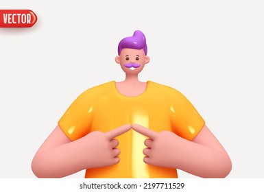 Happy cheerful young man with beard two hands and shows finger gesture together. Young handsome gboy wearing casual. Realistic cartoon characters. Close up 3d people positive. vector illustration