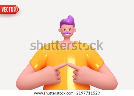 Happy cheerful young man with beard two hands and shows finger gesture together. Young handsome gboy wearing casual. Realistic cartoon characters. Close up 3d people positive. vector illustration