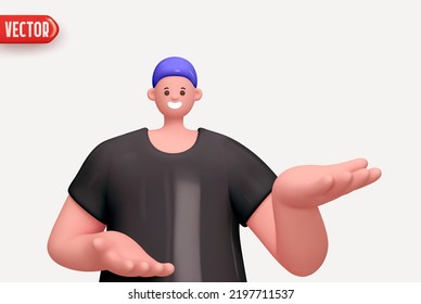 Happy cheerful young man hold open two palm arm. Young handsome boy wearing casual showing open hand. Realistic cartoon characters. Close up 3d people positive. vector illustration