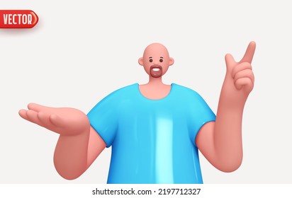 Happy cheerful young man hold open palm arm and points finger up. Young handsome boy wearing casual showing open hand. Realistic cartoon characters. Close up 3d people positive. vector illustration