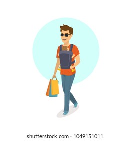 Happy Cheerful Young Parent Father Man Walking With Newborn Child With Baby Carrier Wrap Sling Vector Illustration