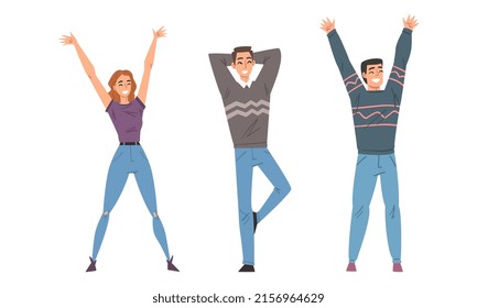 Happy cheerful young people in casual outfit standing and raising hands set cartoon vector illustration