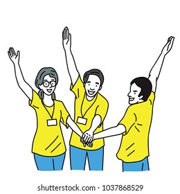 Happy and cheerful young volunteers holding and raised hands together. Outline, thin line art, hand drawn sketch, simple style. 