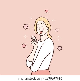 Happy cheerful young woman. Hand drawn style vector design illustrations.