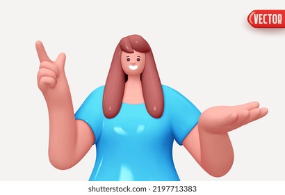 Happy cheerful young woman hold open palm arm and points finger up. Young handsome girl wearing casual showing open hand. Realistic cartoon characters. Close up 3d people positive. vector illustration