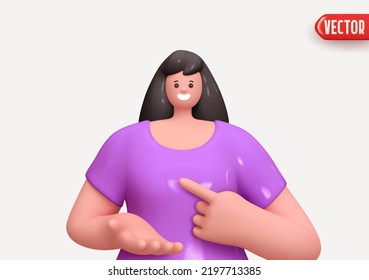 Happy cheerful young woman hold open palm arm and points finger. Young handsome girl wearing casual showing open hand. Realistic cartoon characters. Close-up 3d People positive. vector illustration