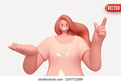 Happy cheerful young woman hold open palm arm and points finger up. Young handsome girl wearing casual showing open hand. Realistic cartoon characters. Close up 3d people positive. vector illustration