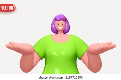 Happy cheerful young woman hold open two palm arm. Young handsome girl wearing casual showing open hand. Realistic cartoon characters. Close-up 3d People positive. vector illustration