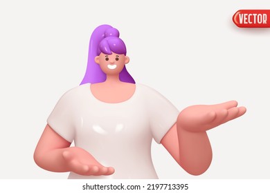 Happy cheerful young woman hold open two palm arm. Young handsome girl wearing casual showing open hand. Realistic cartoon characters. Close up 3d people positive. vector illustration