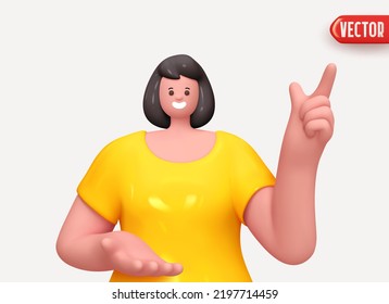 Happy cheerful young woman hold open palm arm and points finger up. Young handsome girl wearing casual showing open hand. Realistic cartoon characters. Close up 3d people positive. vector illustration