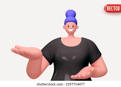 Happy cheerful young woman hold open two palm arm. Young handsome girl wearing casual showing open hand. Realistic cartoon characters. Close up 3d people positive. vector illustration