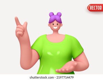 Happy cheerful young woman hold open palm arm and points finger up. Young handsome girl wearing casual showing open hand. Realistic cartoon characters. Close up 3d people positive. vector illustration