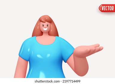 Happy cheerful young woman hold open palm arm. Young handsome girl wearing casual showing open hand. Realistic cartoon characters. Close-up 3d People women positive. Vector illustration