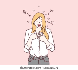 Happy cheerful young woman. She is joyful. Hand drawn in thin line style, vector illustrations.