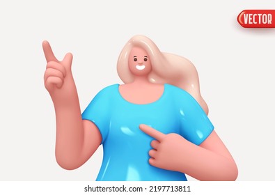 Happy cheerful young woman shows thumb up hand gesture. Young handsome girl wearing casual. Realistic cartoon characters. Close up 3d people positive. vector illustration