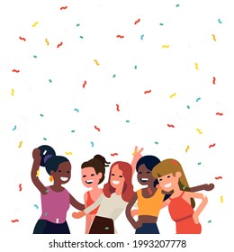 Happy cheerful young women celebrating together. Cool vector illustration with copy space on diverse group of women having their best time. White background with confetti falling