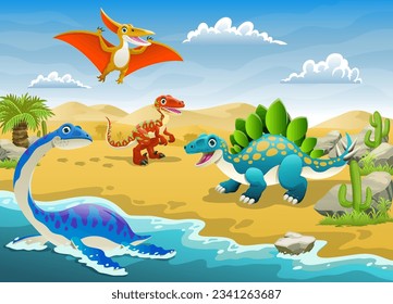 Happy and Cheerfull Cartoon Dinosaurs in Prehistoric Desert Scene Illustration