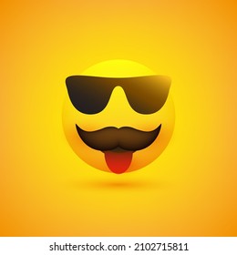Happy Cheering Emoji with Stuck Out Tongue, Mustache and Sunglasses Showing Thumbs Up on Yellow Background - Vector Design