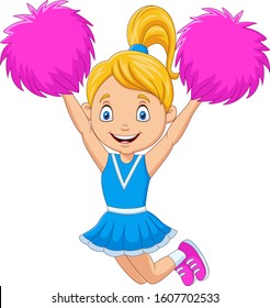 Happy cheerleader in blue uniform with pom poms