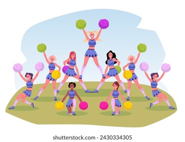 Chicas animadoras felices en uniforme azul con pompones de estilo plano, ilustración vectorial aislada sobre fondo blanco. Elemento de diseño decorativo, rendimiento, deporte y estilo de vida activo