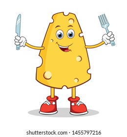 Happy Cheese Cartoon Mascot Character Holding Silverware. 