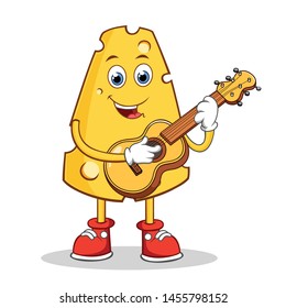 Happy Cheese Cartoon Mascot Character With Playing a Guitar. 