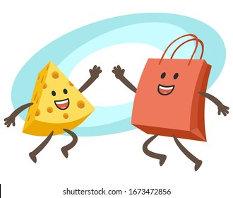 Happy Cheese Character and Shopping Bag Character giving high-five. Vector Illustration.