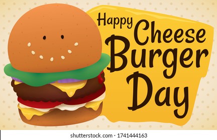 Happy Cheeseburger mit lächelndem Ausdruck aus Sesamsamen, bereit für die Feier des Cheeseburger Tages