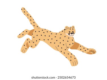 Happy cheetah running. Cute funny leopard, wild feline in action, motion. Adorable exotic tropical cat predator, smiling beast. Flat graphic vector illustration isolated on white background