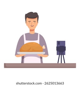 A happy chef in apron showcases a perfectly roasted chicken on a platter