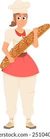 Chef feliz con baguette de pan grande. Personaje de mujer de dibujos animados