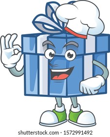 Happy Chef blue gift box cartoon character with white hat