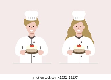 Happy chef boy and girl holding baking cake. Education, Homemade cooking, leisure activity concept. Flat character vector design illustration.