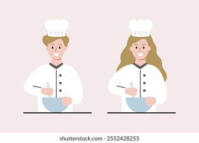 Happy chef boy and girl mixing ingredient with bowl. Children wearing chef hat and uniform preparing food. Cooking, leisure activity, childhood concept. Flat character vector design illustration.