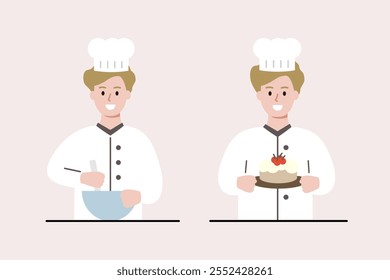 Happy chef boy mixing ingredient with bowl. Child baking dessert cake. Homemade cooking, leisure activity, childhood concept. Flat people character vector design illustration.