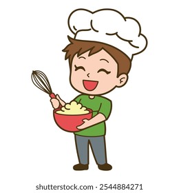 Chico Chef Feliz Mezcla de Ingredientes en un Tazón de Ilustración