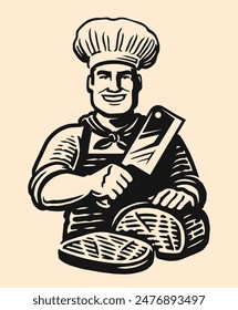 Happy chef with butcher knife cutting piece of meat. Male cook, logo for menu restaurant or butcher shop