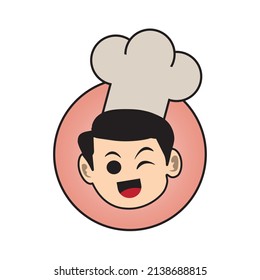 Happy chef cartoon logo design for cullinary and food bussiness with chef hat, isolated on white background