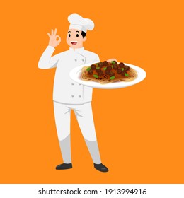 Happy chef cartoon portrait of young big guy cook wearing hat and chef uniform hold plate of spaghetti and do OK sign gesture. Man cook delicious food and show to camera. Vector simple design.