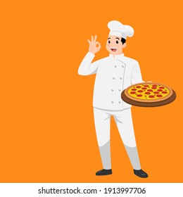 Happy chef cartoon portrait of young big guy cook wearing hat and chef uniform hold plate of delicious pizza and do OK sign gesture. Man cook and Italian food and show to camera. Vector simple design.