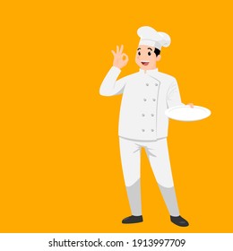 Happy chef cartoon portrait of young big guy cook wearing hat and chef uniform hold empty dish and do OK sign gesture and show to camera. Vector simple design.