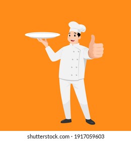 Happy chef cartoon portrait of young big guy cook wearing hat and chef uniform hold empty dish and do thumb up sign gesture and show to camera. Vector simple design.