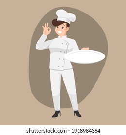 Happy chef cartoon portrait of young woman cook wearing hat and chef uniform hold empty dish and do OK sign gesture and show to camera. Vector simple design.