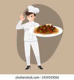 Happy chef cartoon portrait of young woman cook wearing hat and chef uniform hold spaghetti dish and do OK sign gesture and show to camera. Vector simple design.