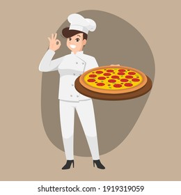 Happy chef cartoon portrait of young woman cook wearing hat and chef uniform hold pizza plate and do OK sign gesture and show to camera. Vector simple design.